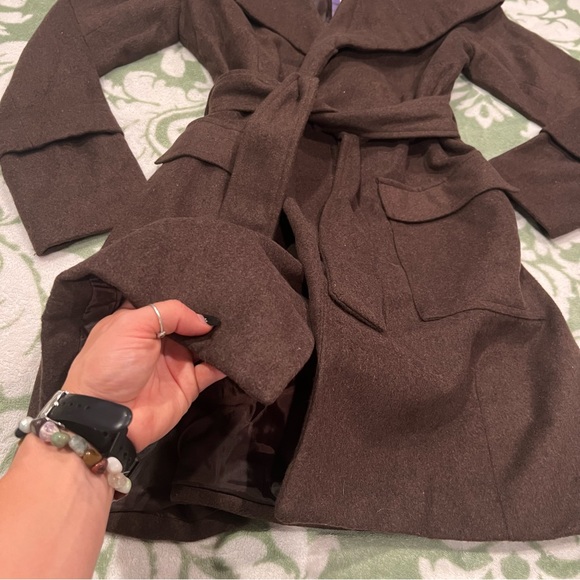 NWT Dark Brown Faux Wool Wrap-Tie Coat - Picture 7 of 13